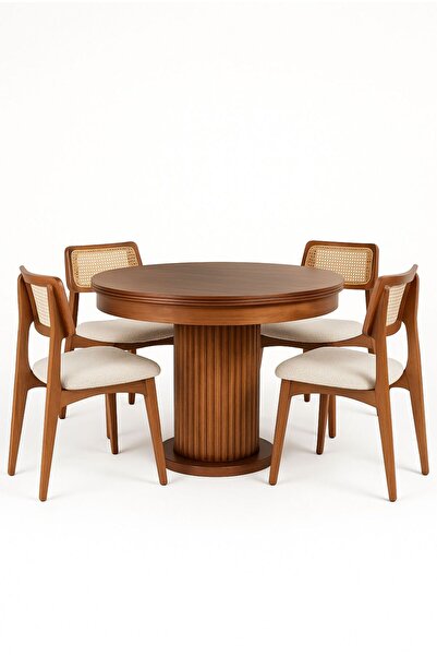 Albero Home Yuvarlak Açılır Masa - Hasırlı Sandalyeli Ahşap Masa Takımı Ceviz