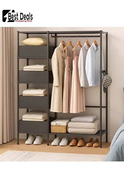 Generic Simple Large-Capacity Wardrobe Clothes Rack with 4 Compartments and Shoe Storage (Assembly Required)