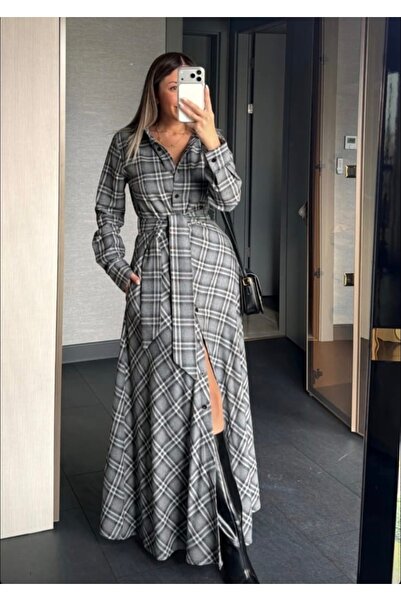 Afiş Butik Gray Women's Plaid Patterned Belted Buttoned Long Dress