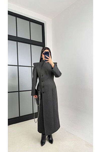 Gaus Anthracite Slim Cut Shoulder Pad Layer Lined Buttoned Front Coat Gaus-00835
