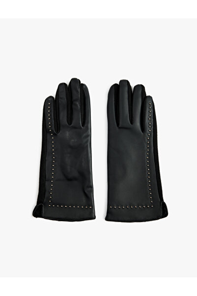 Koton Faux Leather Gloves with Metal Accessories