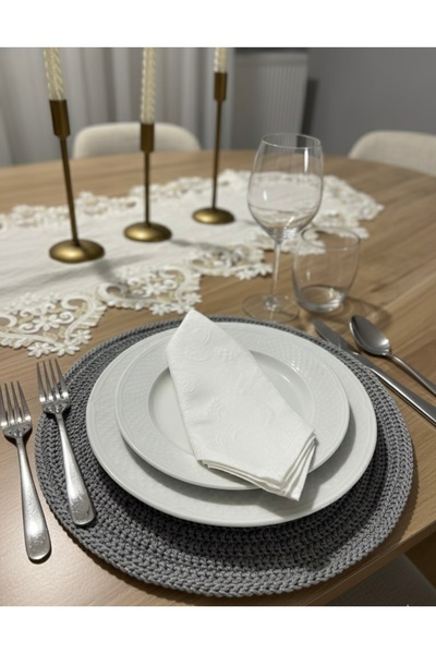 ATESH LUNA HANDMADE Gri El Örgüsü Supla 6’lı set , Amerikan Servis