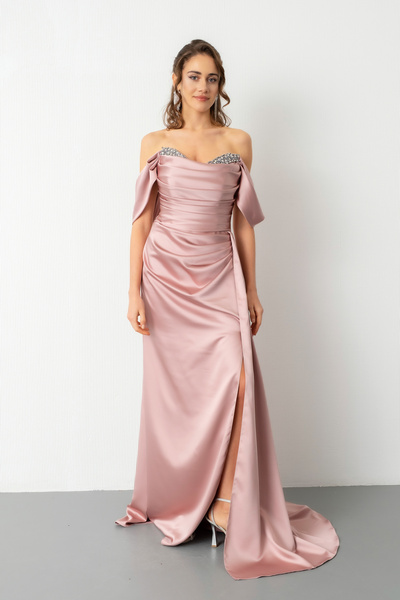 Lafaba Women's Powder Boat Neck Slit Long Satin Evening Dress