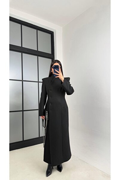 Gaus Black Slim Cut Shoulder Pad Layer Lined Buttoned Front Coat Gaus-00835