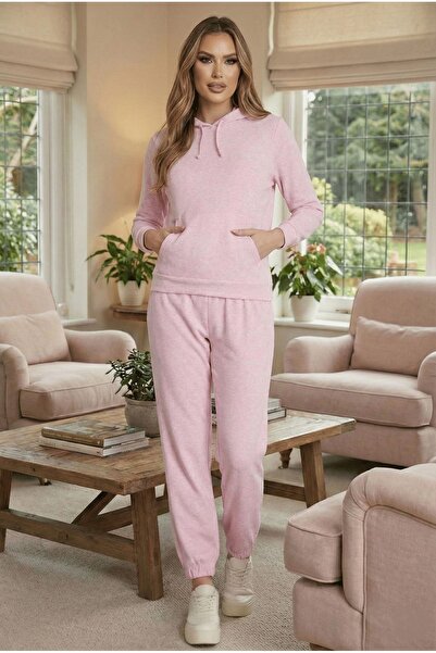 Avones Women's Pink Hooded Tracksuit Set Kangaroo Pocket Sweatshirt Jogger Bottom Two-Piece Set Daily Casual