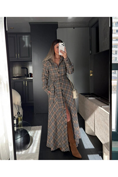 Afiş Butik Vizon Kadın Ekose Desenli Kuşaklı Düğmeli Uzun Elbise