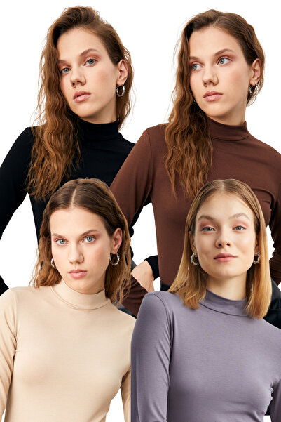 Bipantolon Women's Black Cream Bitter Brown Gray 4-Piece Half Turtleneck Basic Bodysuit