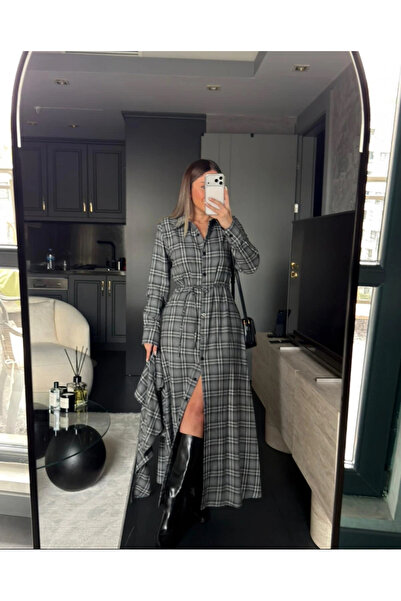 Afiş Butik Gray Women's Plaid Patterned Belted Buttoned Long Dress