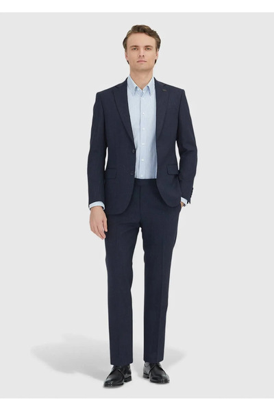 Ramsey Modern Fit Wool Blended Suit with Navy Blue Print
