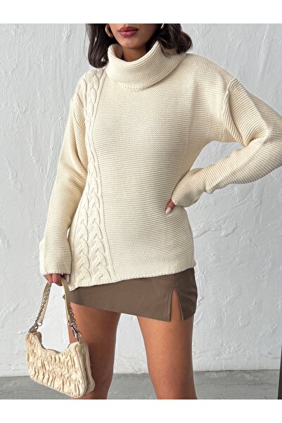 BEJNA Women's Ecru Asymmetrical Turtleneck Sweater