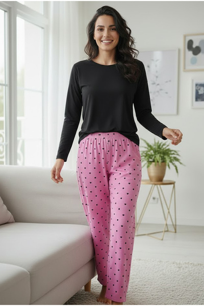 Siyah İnci Pink Black Heart Dots Pattern Cotton Knitted Pajama Set 7975