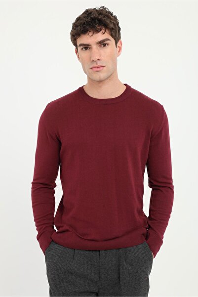 Dufy Bordo Bisiklet Yaka %100 Pamuk Düz Renk Slim Fit Erkek Triko