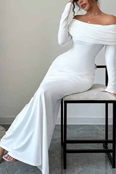 Deafox Rochie lungă din țesătură creponată cu decolteu la spate, cu mâneci lungi, cu guler alb Madonna