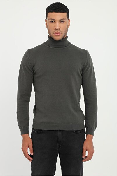 Dufy Haki Tam Balıkçı Yaka Regular Fit Düz Erkek Triko