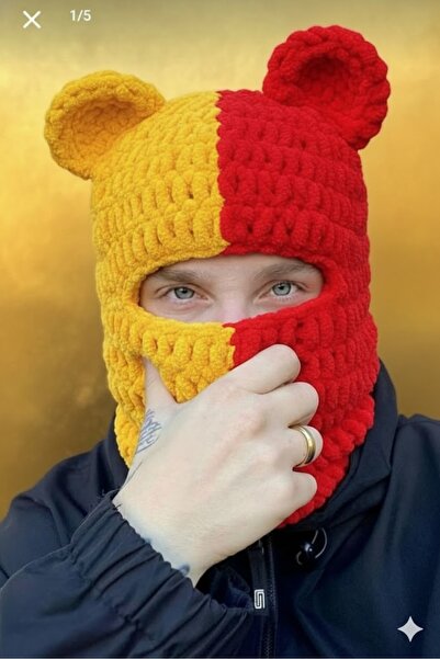 Gogoey Teddy Bear Eared Supporter Beanie Balaclava Panda Unisex Beanie Balaclava Plush Puffy Alize Knit