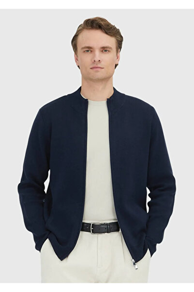 Ramsey Navy Blue Half Turtleneck Plain Knit Cotton Blend Cardigan