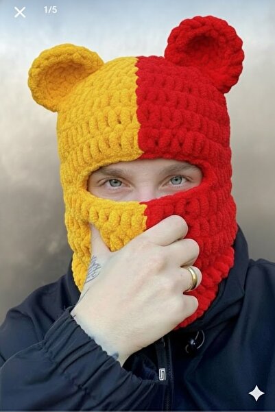 Gogoey Teddy Bear Eared Supporter Beanie Balaclava Panda Unisex Beanie Balaclava Plush Puffy Alize Knit