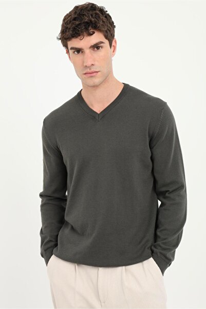 Dufy Haki V Yaka Regular Fit Düz Erkek Triko