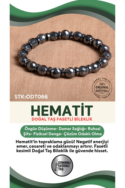 OSMANLI DEĞERLİ TAŞ Sertifikalı Hematit Doğal Taş Fasetli Bileklik ODT066