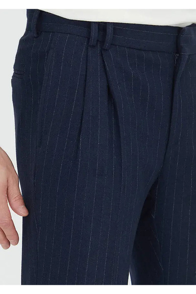 Ramsey Navy Blue Striped Woven Regular Fit Casual Wool Blend Trousers