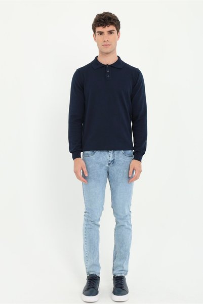 Dufy Men's Regular Fit Polo Neck Navy Blue Knitwear