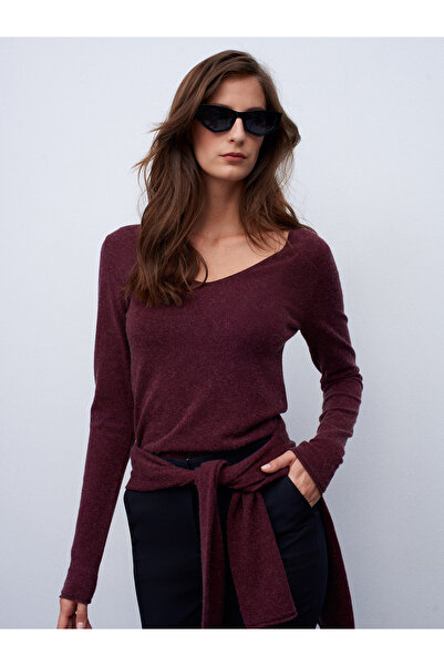 Dilvin 10842 V-Neck Cashmere Blend Knit Sweater-Burgundy M.