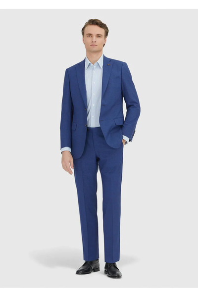 Ramsey Navy Blue Checkered Regular Fit 100% Wool Suit