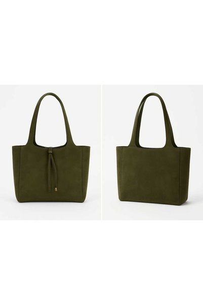 GTG Khaki Suede Lace-Up Detailed Midi Women's Tote Shoulder Bag