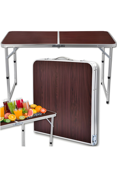 Teno ® Folding Camping Table, durable, adjustable height, 120 x 60 cm, brown