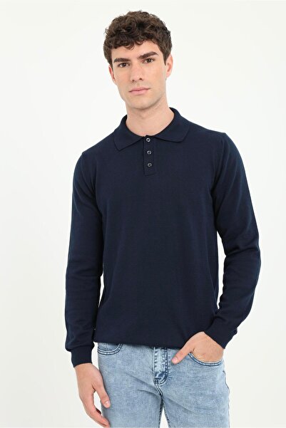 Dufy Men's Regular Fit Polo Neck Navy Blue Knitwear