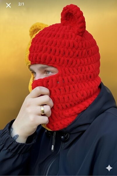 Gogoey Teddy Bear Eared Supporter Beanie Balaclava Panda Unisex Beanie Balaclava Plush Puffy Alize Knit