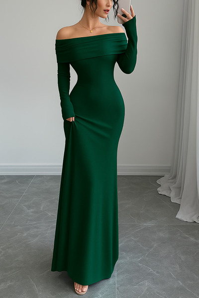 Deafox Emerald Green Madonna Collar Long Sleeve Backless Crepe Fabric Long Dress
