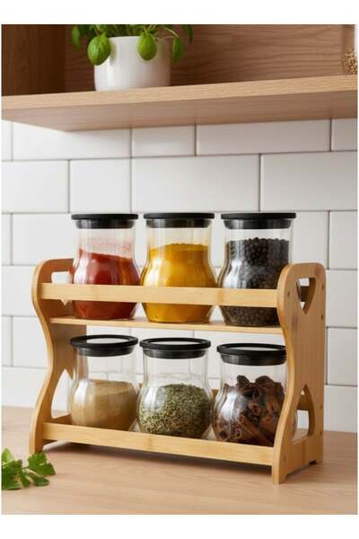 ALQANNAS 6-piece glass spice container, two-tiered, with a sturdy wooden stand.