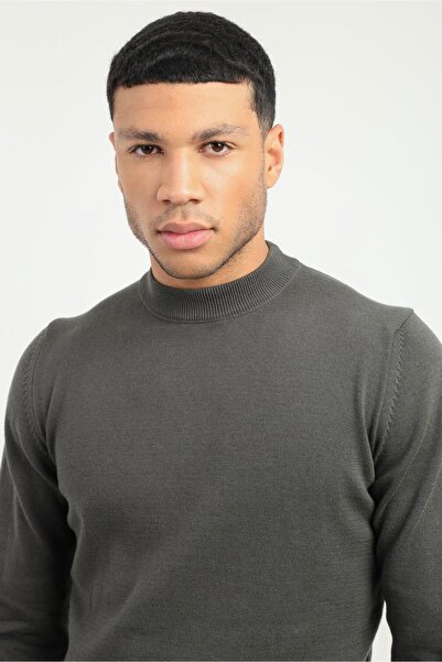 Dufy Haki Yarım Balıkçı Düz Erkek Regular Fit Triko