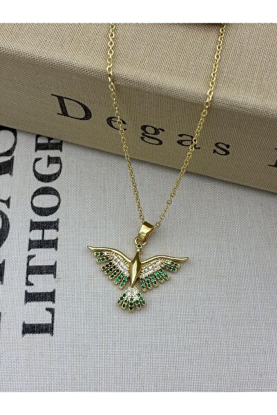 Hedef Bijuteri Steel Gold Color Zircon Stone Green Phoenix, Bird Model Necklace
