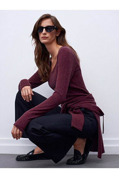 Dilvin 10842 V-Neck Cashmere Blend Knit Sweater-Burgundy M.