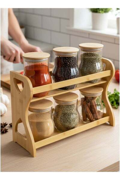 ALQANNAS 6-piece glass spice container, two-tiered, with a sturdy wooden stand.