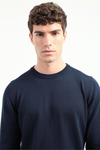 Dufy Lacivert Bisiklet Yaka Düz Regular Fit Erkek Triko