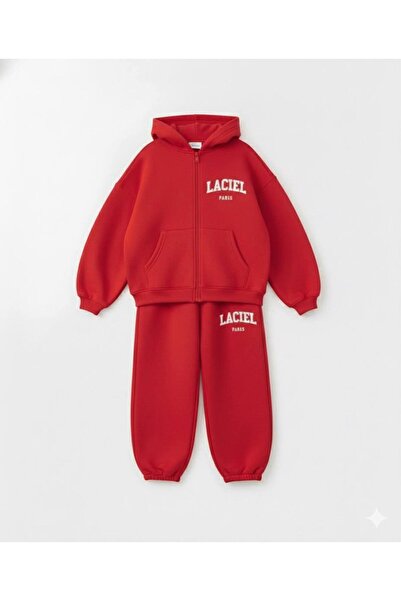 Butik KIZ ÇOCUK LACİEL KIRMIZI FERMUARLI KAPŞONLU TAKIM