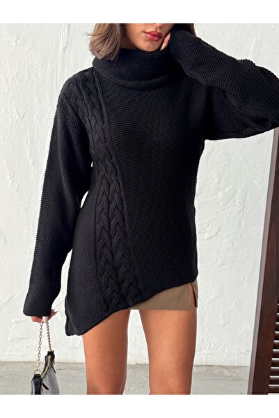 BEJNA Women's Black Asymmetrical Turtleneck Sweater