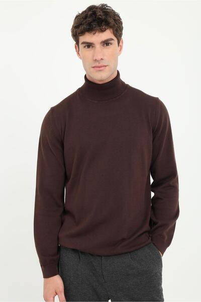 Dufy Kahve Tam Balıkçı Düz Erkek Regular Fit Triko