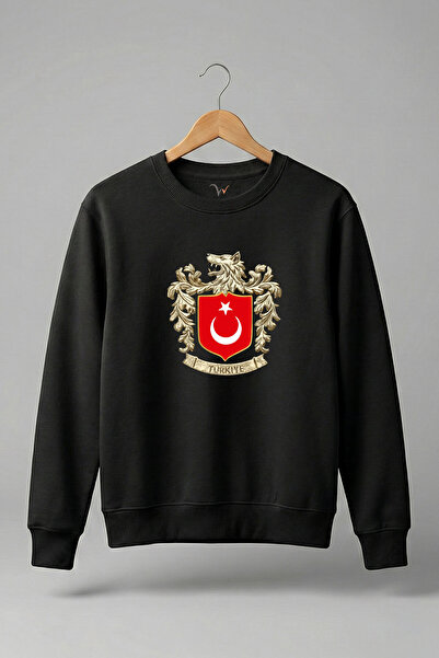 WİDİ Gray Wolf Symbol Turkey and Turkish Flag Wolf Printed Regular Fit 3 Thread Raised 100% Cotton Sweatshirt