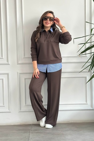 Yağmur Butik Polo Yaka Çizgili Gömlek Detaylı Takım