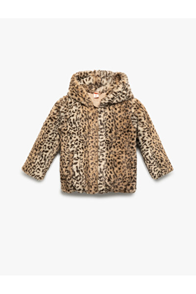 Koton Hooded Long Sleeve Leopard Print Plush Coat