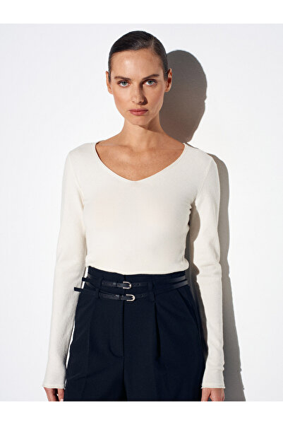 Dilvin 10842 V-Neck Cashmere Blend Knitwear Sweater-Ecru