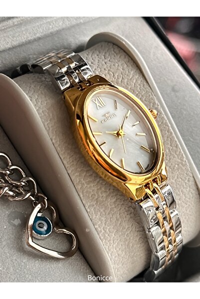 FERRO Vintage Women's Wristwatch, Mini Oval Case, Silver Yellow Color Steel Band, Heart Bracelet Gift