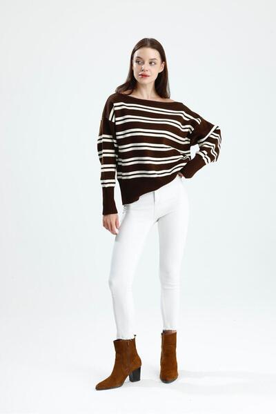 dgs look Women's Asymmetrical Rib Cut Boat Neck Striped Knitwear Sweater Brown