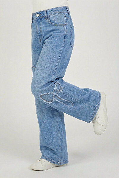 DMB BOYS & GIRLS Ribbon Bow Embroidered Girls' Jeans Soft Textured Wide Leg Loose Leg Jeans
