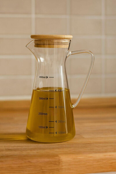 SİHİRLİ AYAKLAR Modern Glass Oil Bottle with Bamboo Lid, Vinegar Bowl, Sauce Bowl 450ml