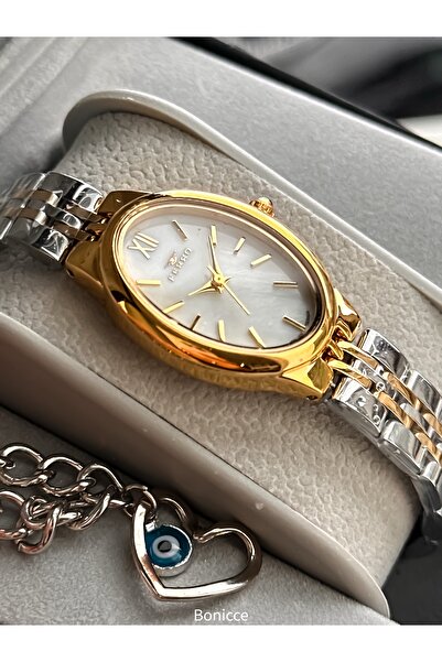 FERRO Vintage Women's Wristwatch, Mini Oval Case, Silver Yellow Color Steel Band, Heart Bracelet Gift